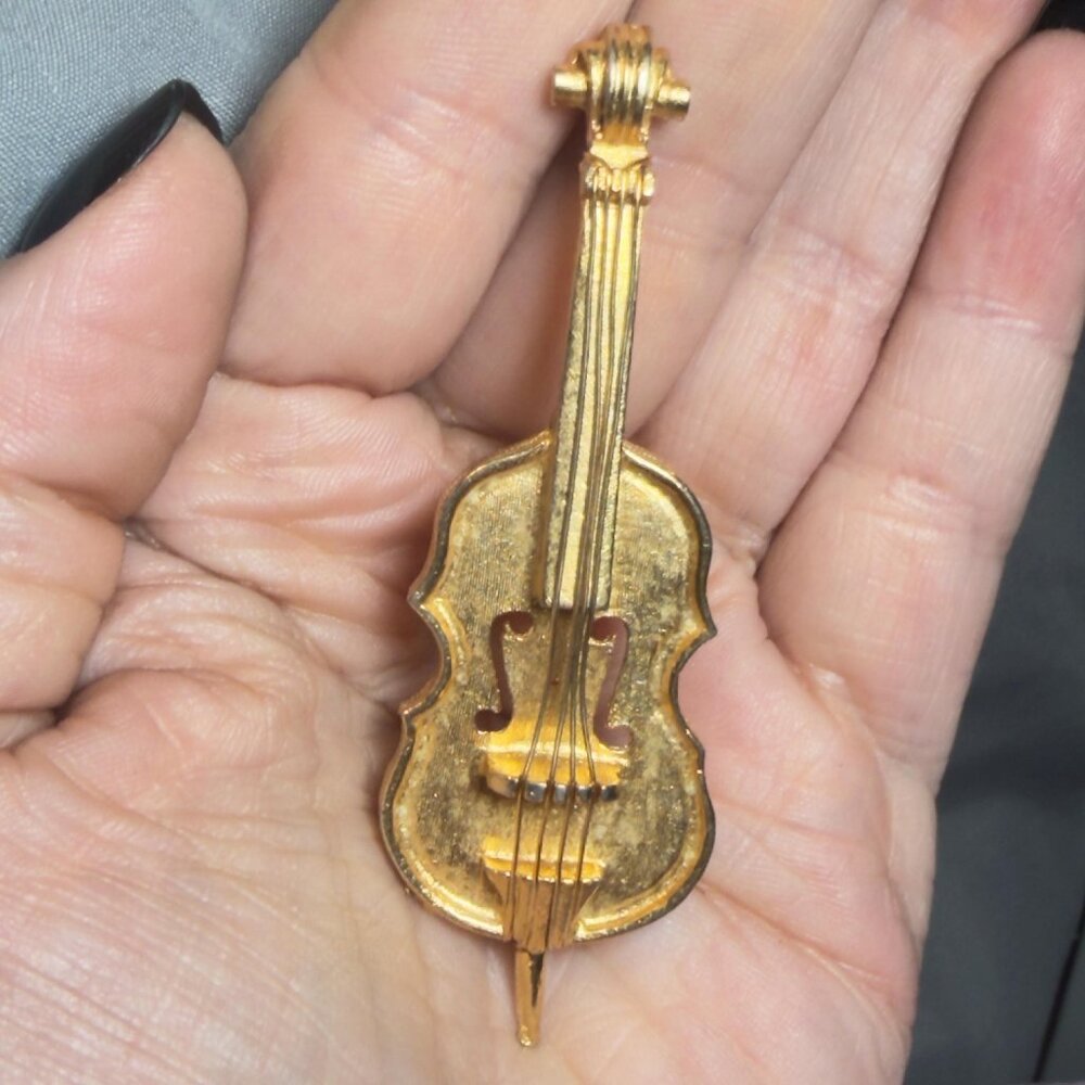 Violin Brooch Gold Tone Musical Instrument Pin Vintage 3"